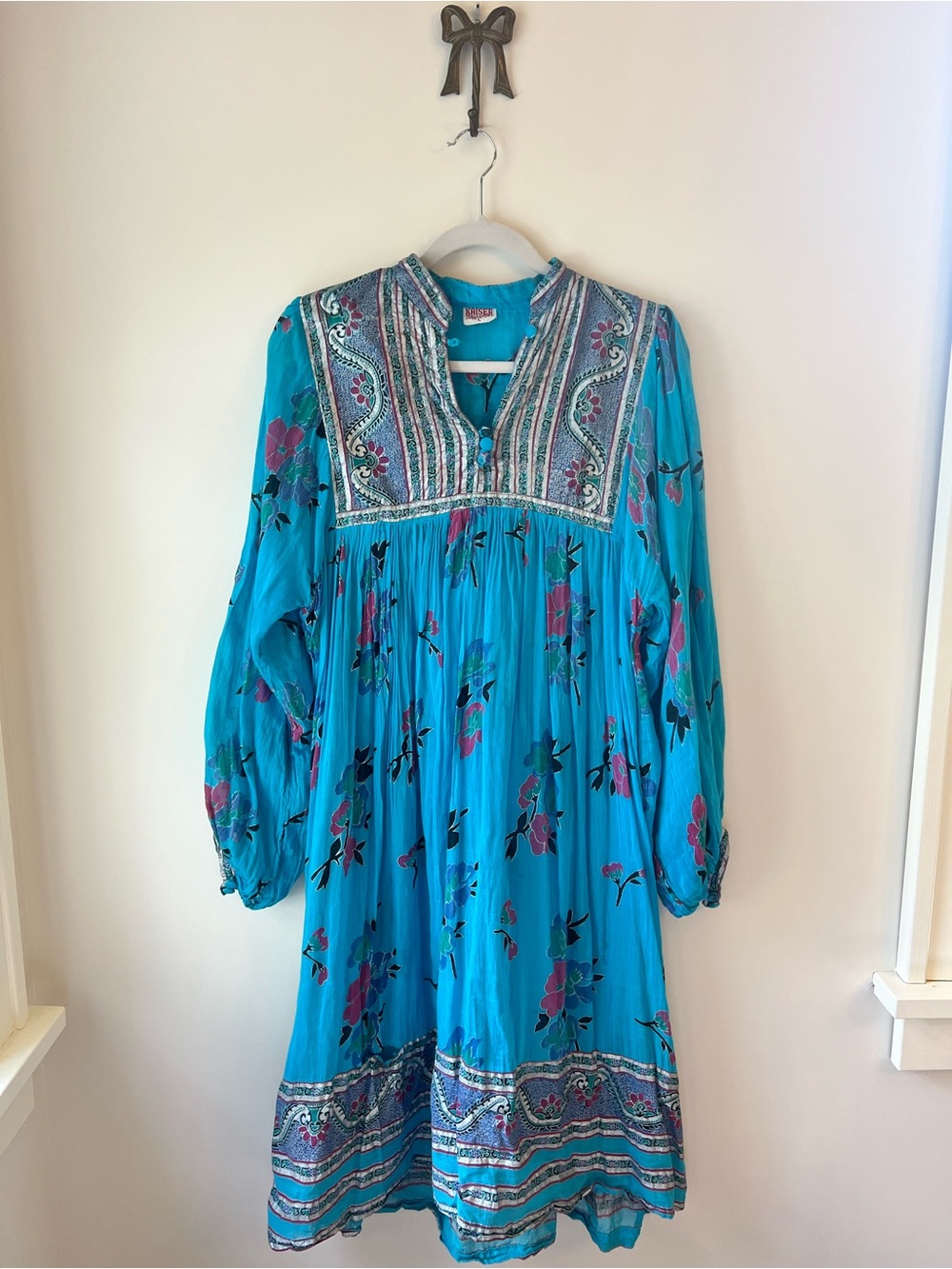 VTG Kaiser Caftan 70's Indian Style Cotton Floral Boho Peasant Dress India L